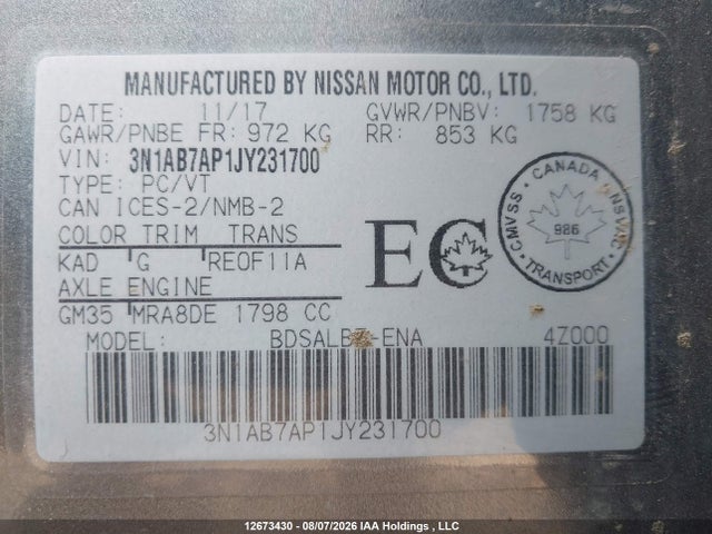 3N1AB7AP1JY231700 Nissan Sentra S/sv/sr/sl