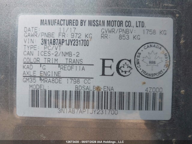 3N1AB7AP1JY231700 Nissan Sentra S/sv/sr/sl