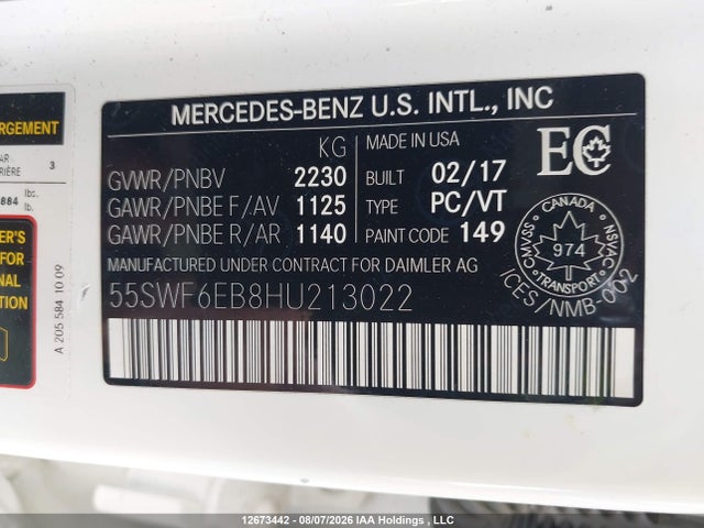 12673442 :رقم المزاد ، 55SWF6EB8HU213022 vin ، 2017 Mercedes-benz Amg C 43 4matic مزاد بيع