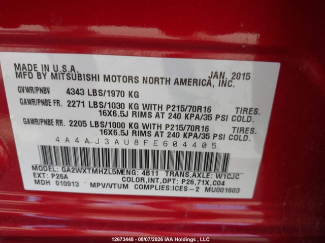 2015 Mitsubishi Rvr Se მანქანა იყიდება აუქციონზე, vin: 4A4AJ3AU8FE604405, აუქციონის ნომერი: 12673448