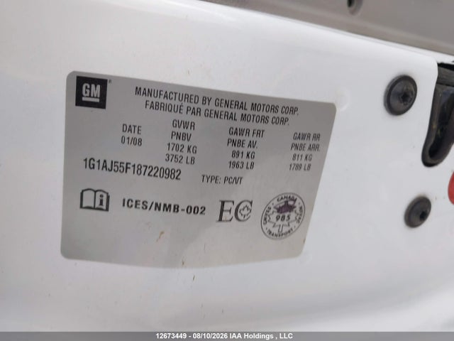 Продаж на аукціоні авто 2008 Chevrolet Cobalt Ls, vin: 1G1AJ55F187220982, номер лоту: 12673449