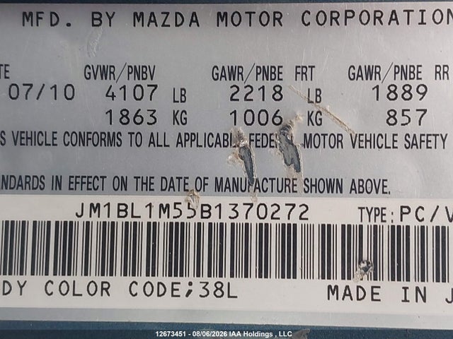Aukcja sprzedaży 2011 Mazda 3 S, vin: JM1BL1M55B1370272, numer aukcji: 12673451