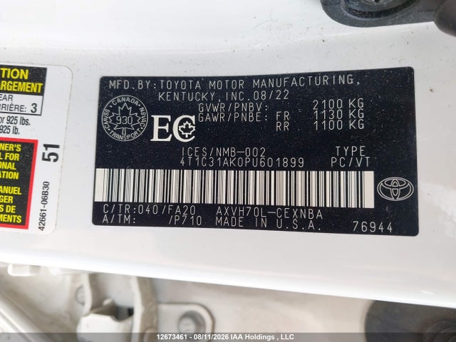 2023 Toyota Camry Hybrid Le მანქანა იყიდება აუქციონზე, vin: 4T1C31AK0PU601899, აუქციონის ნომერი: 12673461