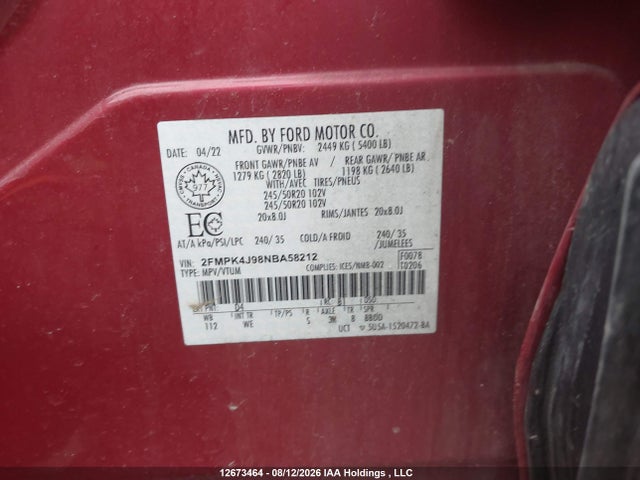 Ford EDGE SEL 2022 2FMPK4J98NBA58212 Image 9
