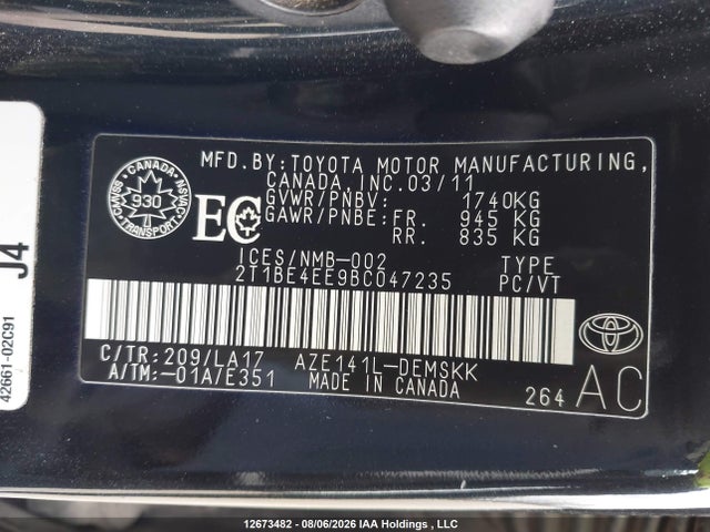 12673482 :رقم المزاد ، 2T1BE4EE9BC047235 vin ، 2011 Toyota Corolla Xrs Xrs مزاد بيع