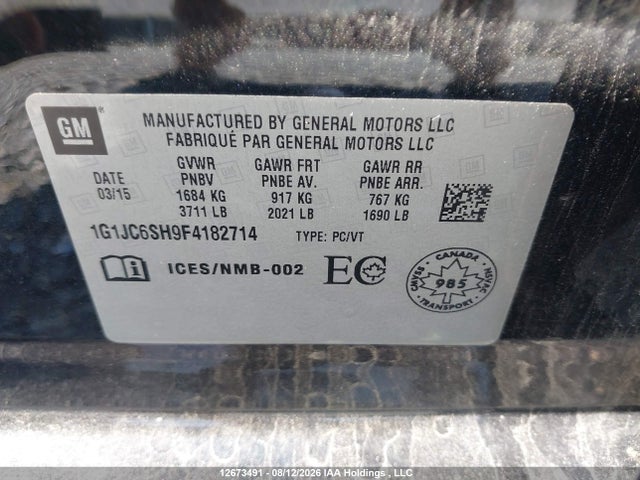 2015 Chevrolet Sonic Lt მანქანა იყიდება აუქციონზე, vin: 1G1JC6SH9F4182714, აუქციონის ნომერი: 12673491