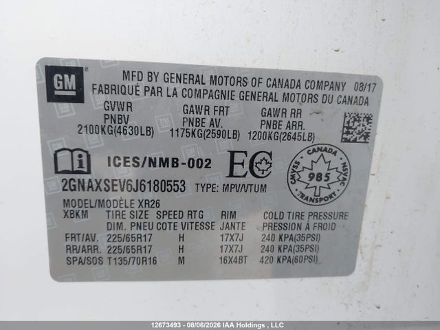 Продажа на аукционе авто 2018 Chevrolet Equinox Lt, vin: 2GNAXSEV6J6180553, номер лота: 12673493