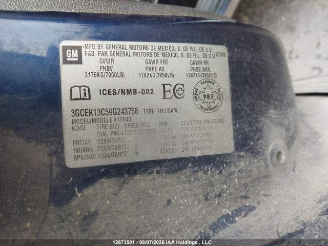 12673501 :رقم المزاد ، 3GCEK13C59G243758 vin ، 2009 Chevrolet Silverado 1500 Ls/lt/wt مزاد بيع