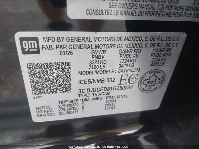 Продаж на аукціоні авто 2026 Gmc Sierra 1500 , Short Bed, Elevation, 4wd, vin: 3GTUUCED8TG250234, номер лоту: 12673502