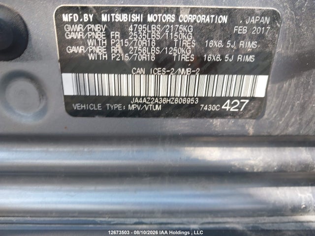 Aukcja sprzedaży 2017 Mitsubishi Outlander Es, vin: JA4AZ2A36HZ606953, numer aukcji: 12673503