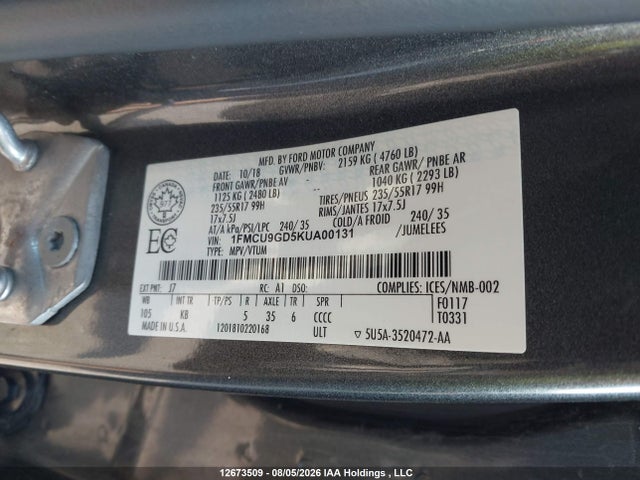 1FMCU9GD5KUA00131 Ford ESCAPE SE