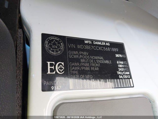 2012 Mercedes-benz Sprinter 2500 Standard Roof მანქანა იყიდება აუქციონზე, vin: WD3BE7CCXC5681889, აუქციონის ნომერი: 12673520