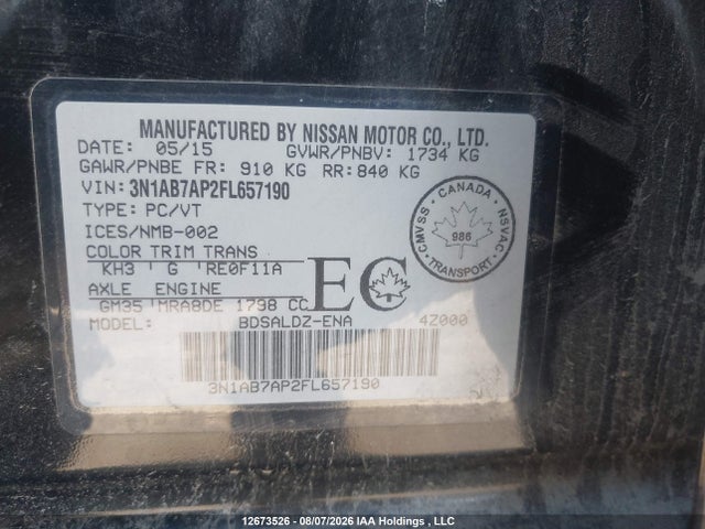 3N1AB7AP2FL657190 Nissan Sentra S/sv/sr/sl