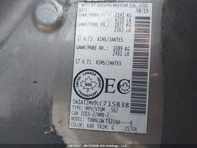 Продаж на аукціоні авто 2020 Nissan Rogue S/sl/sv, vin: 5N1AT2MV9LC715838, номер лоту: 12673527