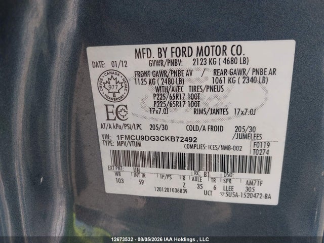 Продажа на аукционе авто 2012 Ford Escape Xlt, vin: 1FMCU9DG3CKB72492, номер лота: 12673532