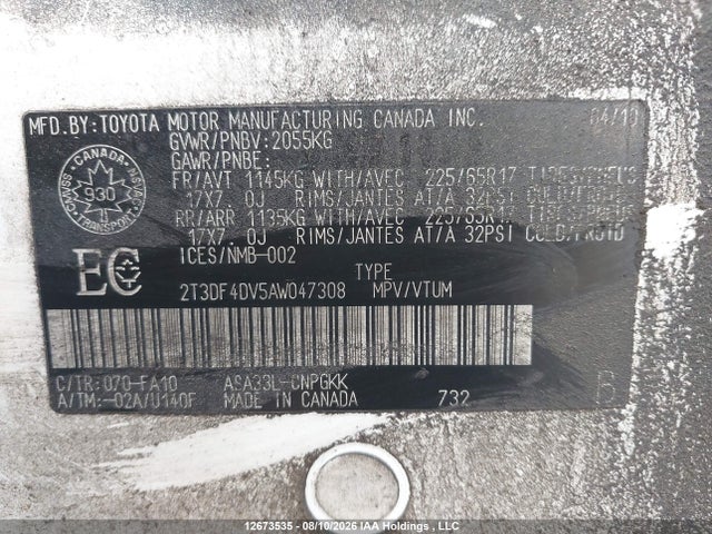 Продаж на аукціоні авто 2010 Toyota Rav4 Limited, vin: 2T3DF4DV5AW047308, номер лоту: 12673535