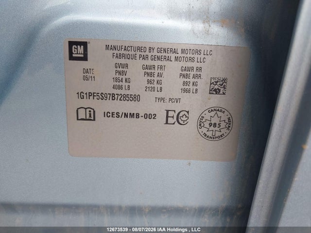 12673539 :رقم المزاد ، 1G1PF5S97B7285580 vin ، 2011 Chevrolet Cruze مزاد بيع
