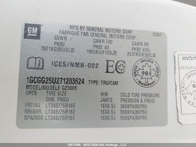 12673546 :رقم المزاد ، 1GCGG25U271203624 vin ، 2007 Chevrolet Express G2500 مزاد بيع