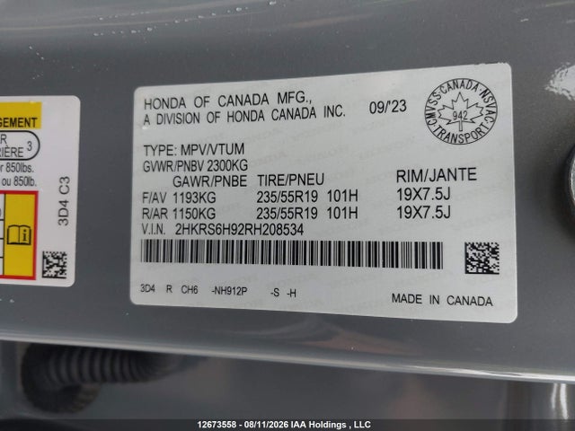Aukcja sprzedaży 2024 Honda Cr-v Touring Hybrid, vin: 2HKRS6H92RH208534, numer aukcji: 12673558