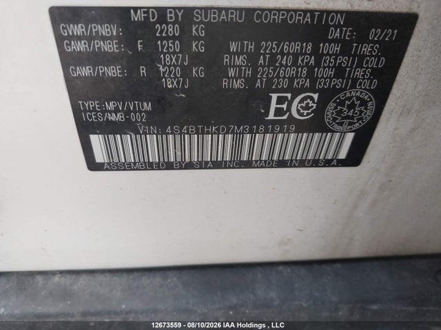 Aukcja sprzedaży 2021 Subaru Outback, vin: 4S4BTHKD7M3181919, numer aukcji: 12673559