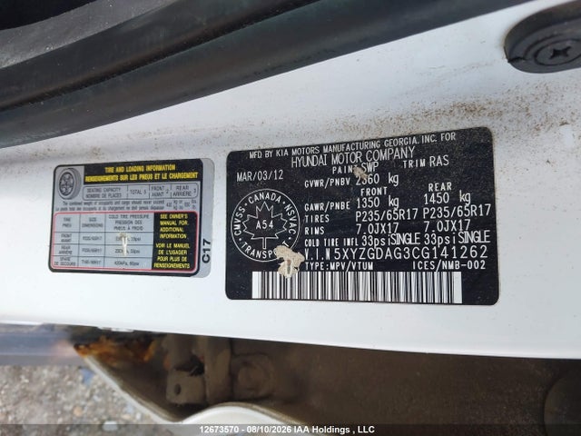 Aukcja sprzedaży 2012 Hyundai Santa Fe Gl 3.5, vin: 5XYZGDAG3CG141262, numer aukcji: 12673570