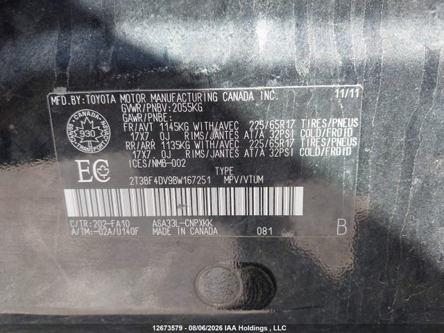 Auction sale of the 2011 Toyota Rav4, vin: 2T3BF4DV9BW167251, lot number: 12673579