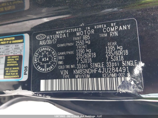 KM8SNDHF4JU284491 Hyundai SANTA FE XL