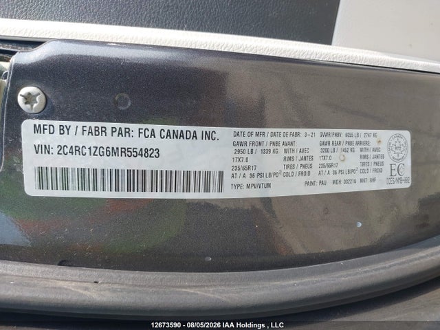 12673590 :رقم المزاد ، 2C4RC1ZG6MR554823 vin ، 2021 Chrysler Grand Caravan Sxt مزاد بيع