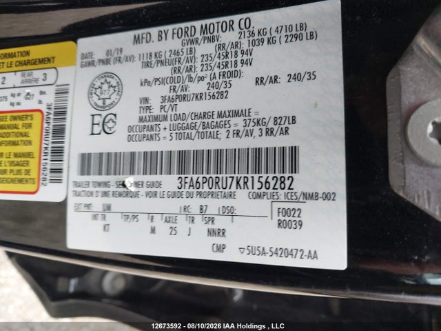 Aukcja sprzedaży 2019 Ford Fusion Titanium, vin: 3FA6P0RU7KR156282, numer aukcji: 12673592