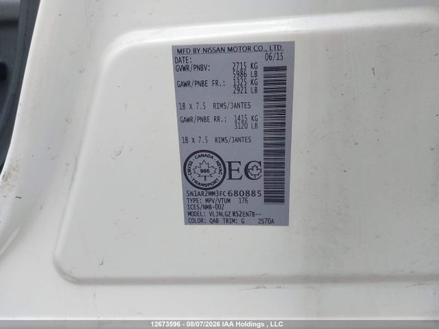 Продаж на аукціоні авто 2015 Nissan Pathfinder S/sv/sl/platinum, vin: 5N1AR2MM3FC680885, номер лоту: 12673596