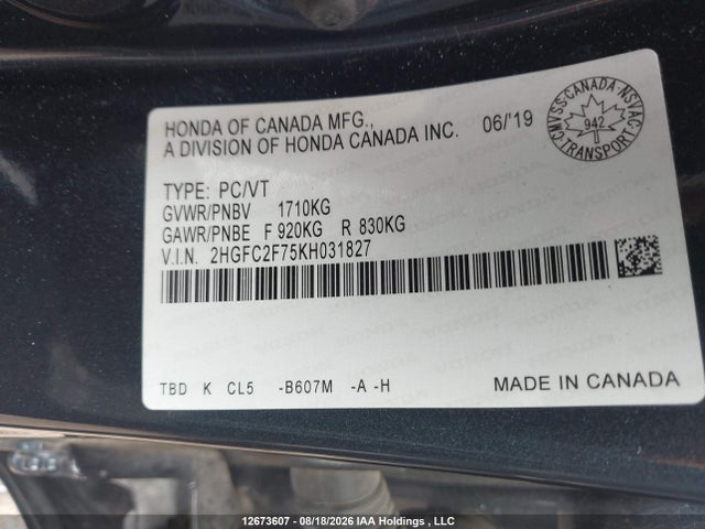 Honda Civic 2019 2HGFC2F75KH031827 Image 9