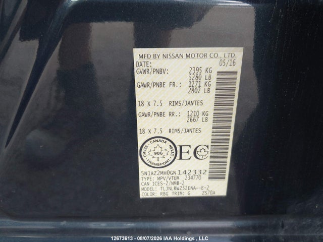 5N1AZ2MH0GN142332 Nissan Murano S/sl/sv/platinum
