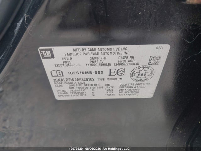 12673620 :رقم المزاد ، 2CNALDEW4A6326162 vin ، 2010 Chevrolet Equinox Lt مزاد بيع
