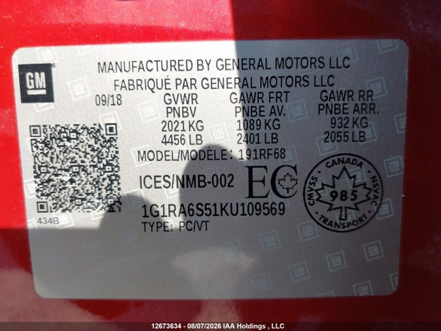 Chevrolet VOLT LT 2019 1G1RA6S51KU109569 Image 9