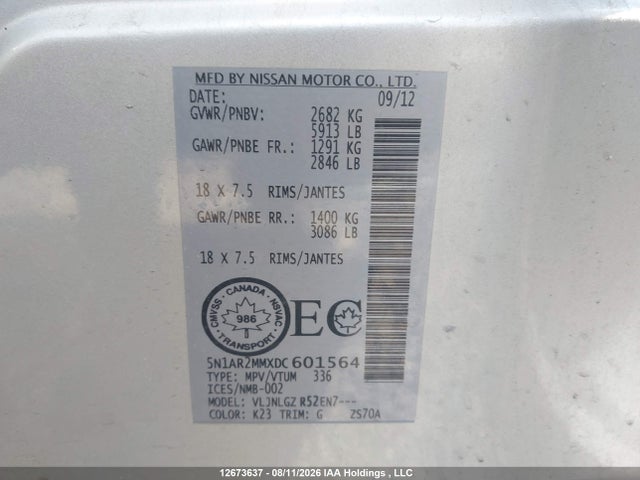 12673637 :رقم المزاد ، 5N1AR2MMXDC601564 vin ، 2013 Nissan Pathfinder Platinum/s/sl/sv مزاد بيع