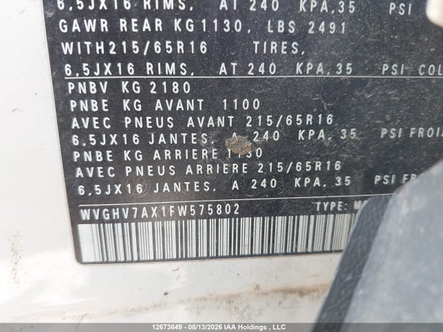 WVGHV7AX1FW575802 Volkswagen Tiguan S/se/sel/r-line