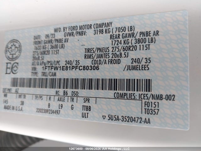 Продаж на аукціоні авто 2023 Ford F-150 Platinum, vin: 1FTFW1E81PFC80306, номер лоту: 12673650