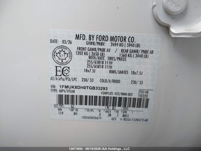 12673654 :رقم المزاد ، 1FMUK8DH0TGB33293 vin ، 2026 Ford Explorer مزاد بيع