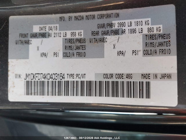 12673663 :رقم المزاد ، JM1DKFD74K0403164 vin ، 2019 Mazda Cx-3 Gt مزاد بيع
