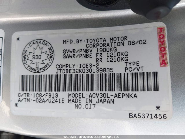 12673669 :رقم المزاد ، JTDBE32K030139835 vin ، 2003 Toyota Camry Le/se/xle مزاد بيع