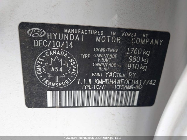 Продажа на аукционе авто 2015 Hyundai Elantra Sport Appearance, vin: KMHDH4AE0FU417742, номер лота: 12673671