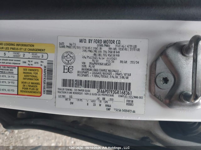 Продажа на аукционе авто 2016 Ford Fusion Se, vin: 3FA6P0T93GR168361, номер лота: 12673674