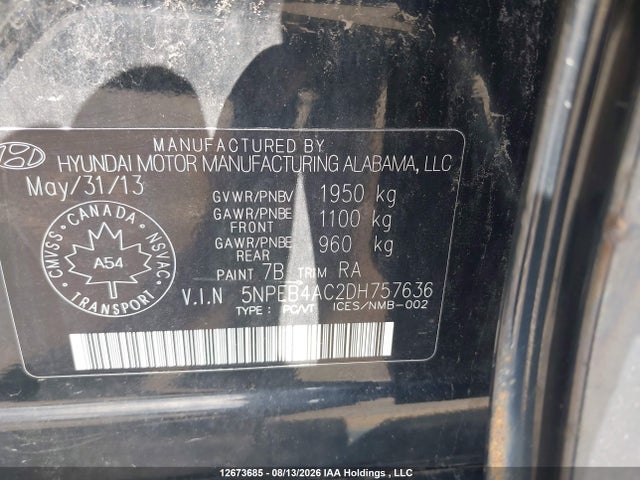2013 Hyundai Sonata Gl/gls მანქანა იყიდება აუქციონზე, vin: 5NPEB4AC2DH757636, აუქციონის ნომერი: 12673685
