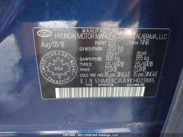 5NMS3CAA9KH023885 Hyundai Santa Fe Luxury