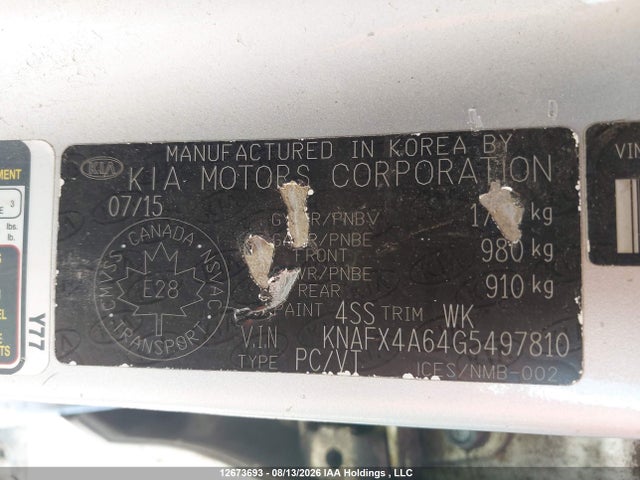 KNAFX4A64G5497810 KIA Forte 1.8l Lx/1.8l Lx+