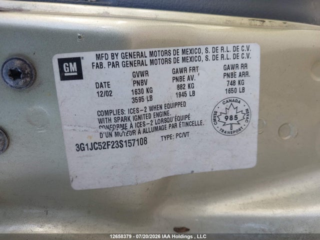 2003 Chevrolet Cavalier მანქანა იყიდება აუქციონზე, vin: 3G1JC52F23S157108, აუქციონის ნომერი: 12658379