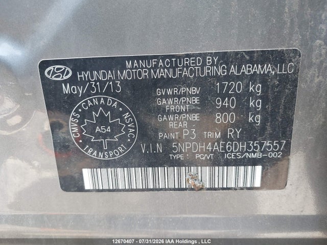 Aukcja sprzedaży 2013 Hyundai Elantra Limited W/navi, vin: 5NPDH4AE6DH357557, numer aukcji: 12670407
