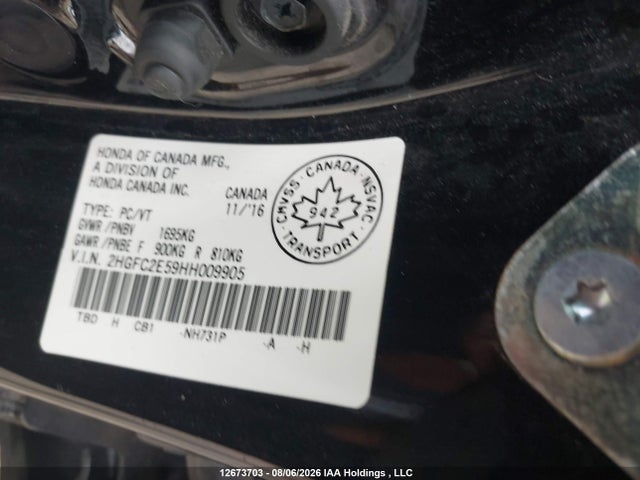 Auction sale of the 2017 Honda Civic Lx, vin: 2HGFC2E59HH009905, lot number: 12673703