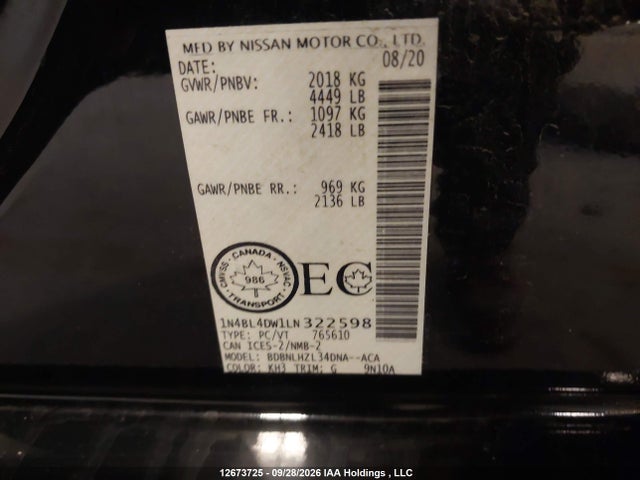 2020 Nissan Altima 2.5 Sv მანქანა იყიდება აუქციონზე, vin: 1N4BL4DW1LN322598, აუქციონის ნომერი: 12673725
