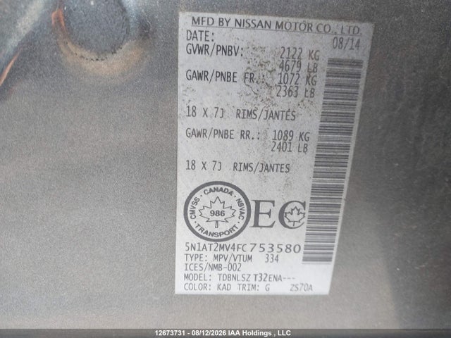 5N1AT2MV4FC753580 Nissan Rogue S/sl/sv